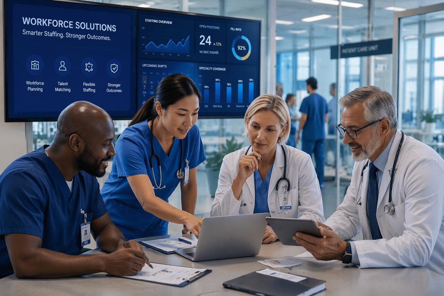 Healthcare team consulting on strategic staffing and clinical recruitment solutions